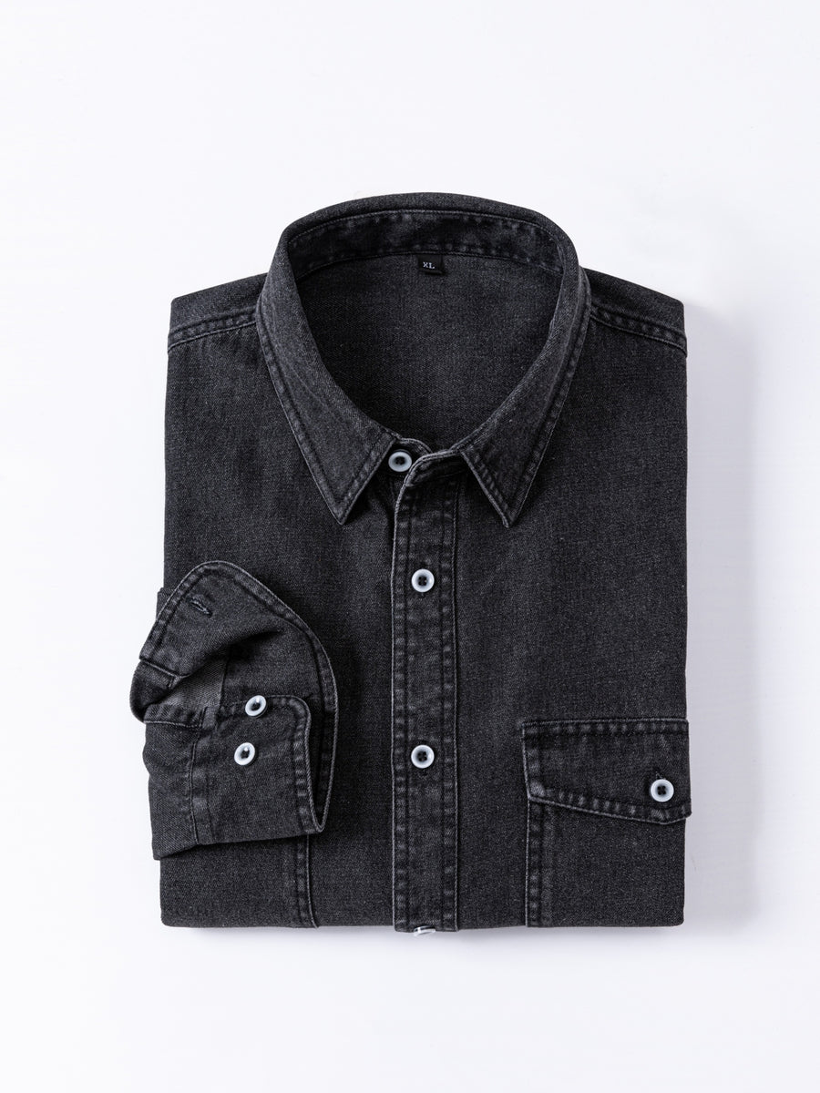 Men'S Casual Shirt American Retro Denim Shirt Fashion Trendy Double-Pocket Utility Shirt Button-Up Long Sleeve T-Shirt Spring Autumn Thin Outerwear - Black