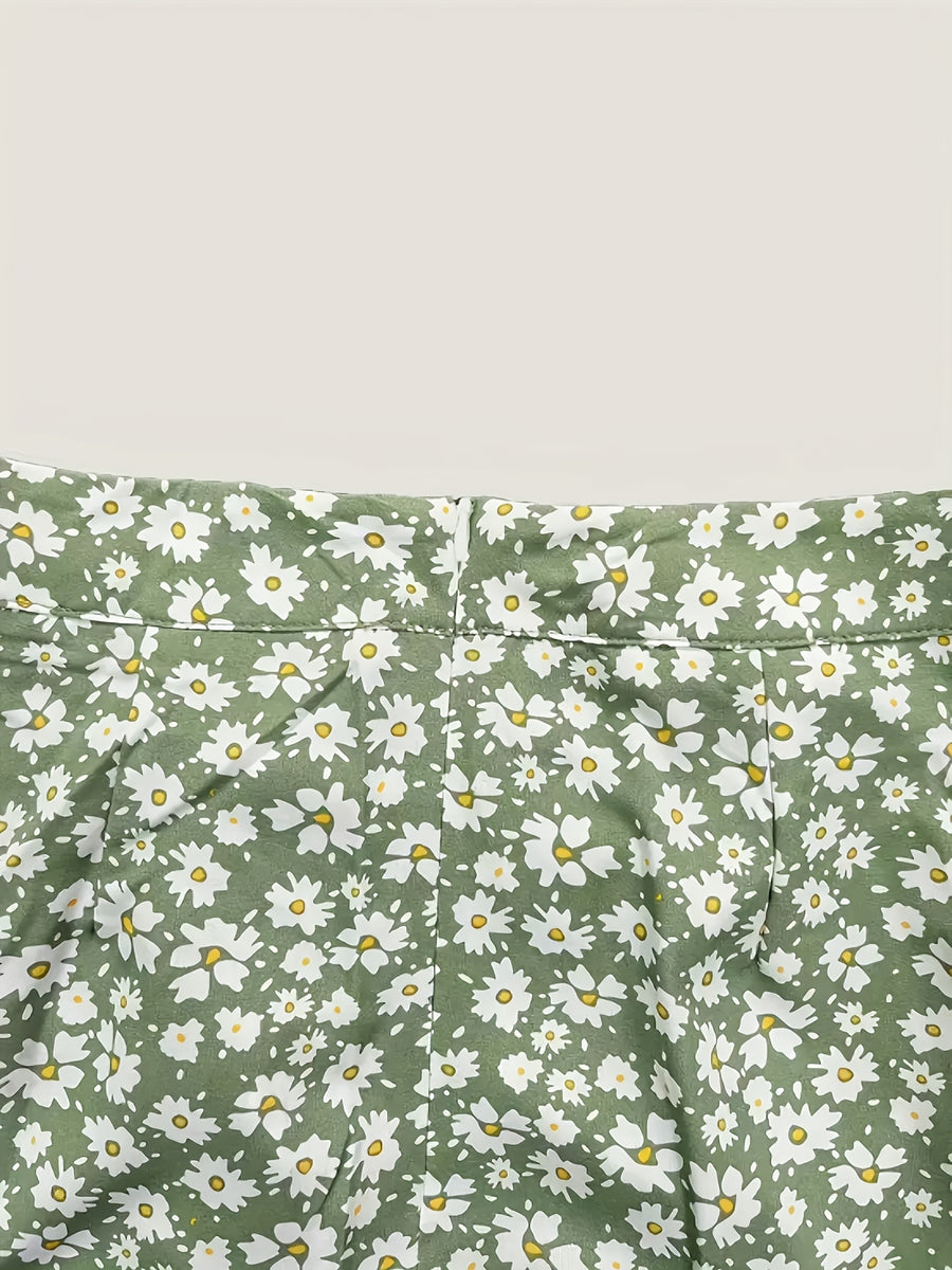 Women's Fashionable and Elegant Floral Print Skirt with Drawstring Detail, Suitable for Daily Commuting, Work, and Shopping Outfits - Matcha Color