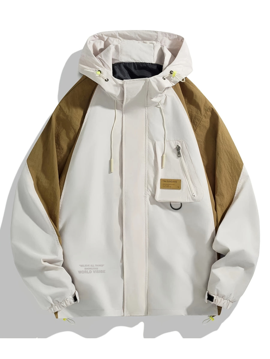 Men'S Spring/Autumn WORLD Letter Print And Contrast Hooded Long Sleeve Zip-Up Windbreaker Jacket, Suitable for Outdoor Activities - Khaki