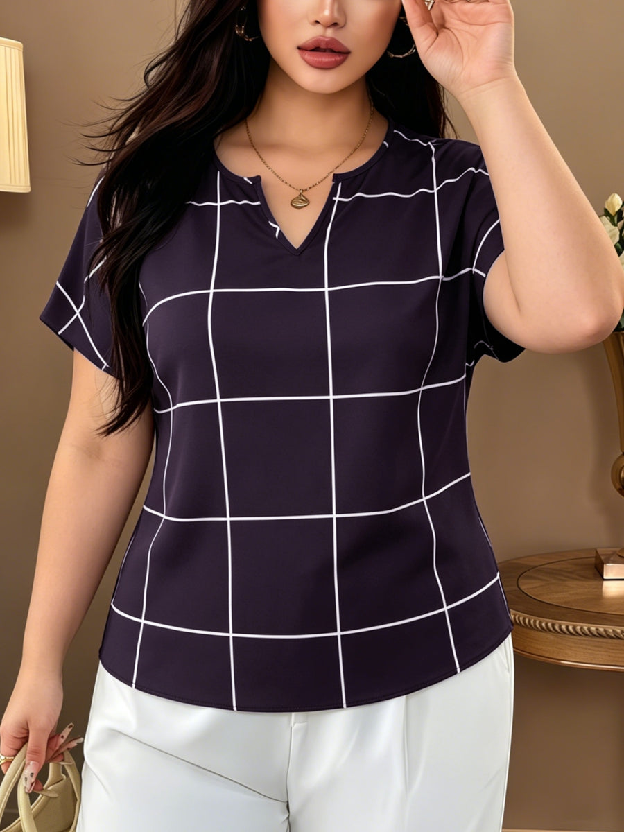 Large Plaid V-Neck Batwing Sleeve Short-Sleeved Chiffon Shirt, Minimalist Commuter Style Shirt, Versatile Temperament Top, Minimalist Commuter Style, French Relaxed Style - Purple Lattice