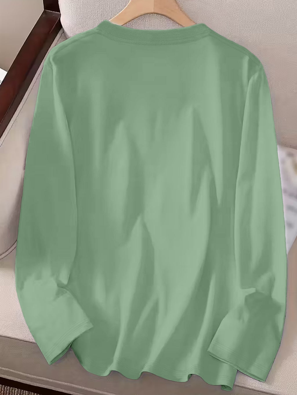 Women'S 100% Solid Color Long Sleeve T-Shirt, Round Neck, Comfortable Casual Wear for Everyday Use - Green