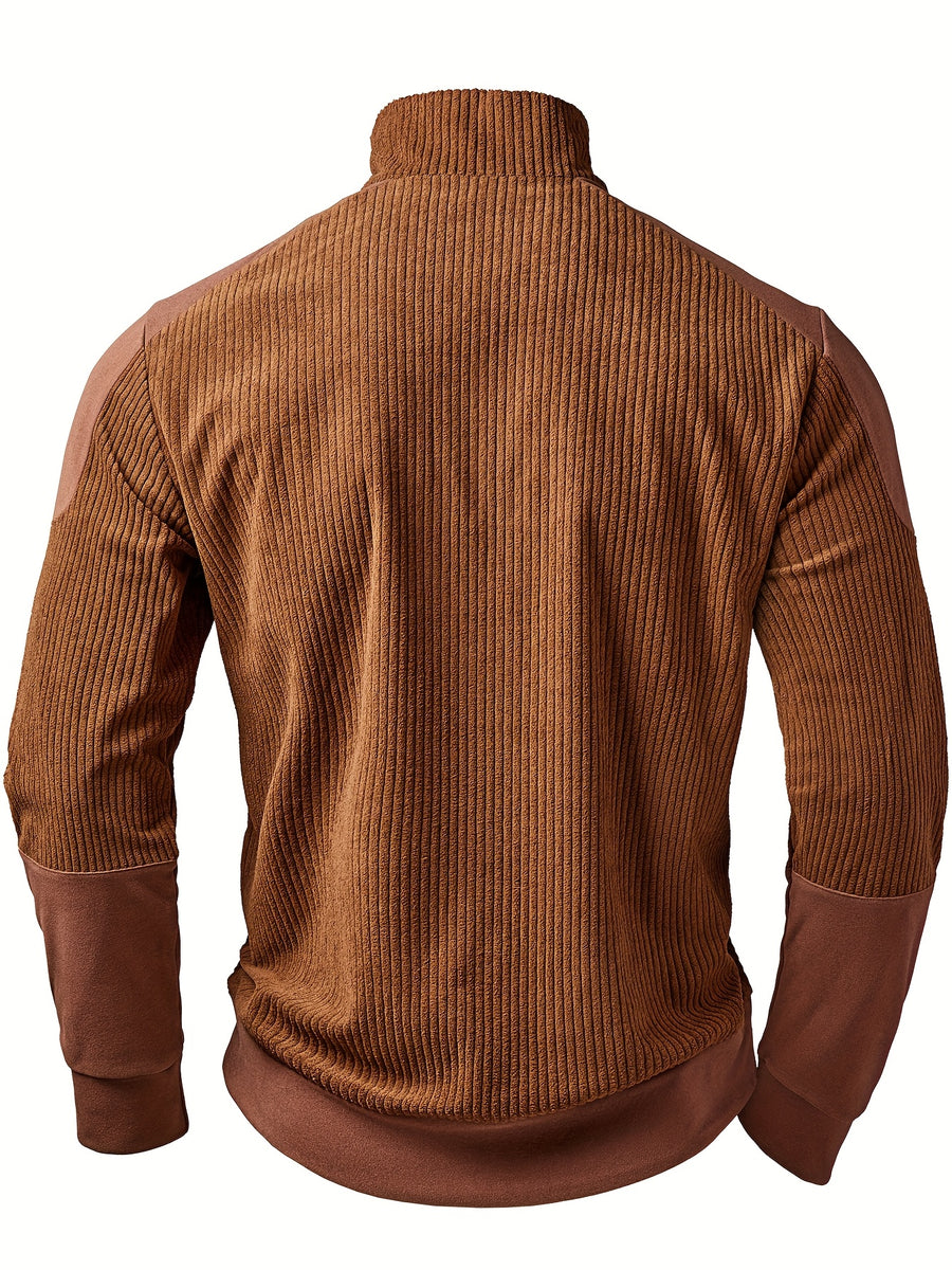 Men'S Casual Corduroy Quarter-Zip Pullover, Solid Color Long-Sleeve Sweater with Ribbed Collar, Durable Versatile Top for Daily Commute & Outdoors, Sporty, Regular Fit, Turtleneck, Long Sleeve, Zipper - Coffee Color