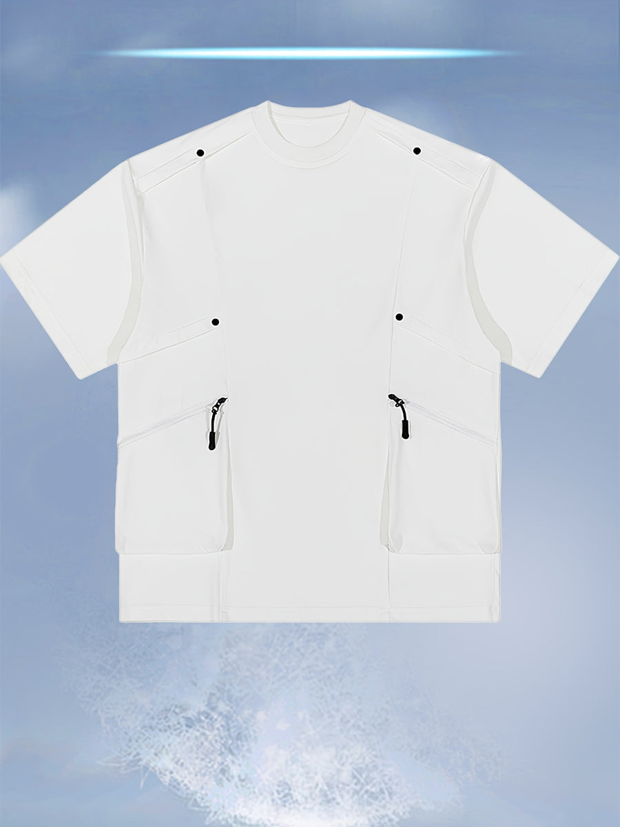 [Qiaoximei OBM] 2026 Summer New Men'S High-Quality Multi-Pocket Versatile Round Neck Short T-Shirt - Fashionable Street Beach Party Energetic Sports Men'S Trendy Loose Special Short Sleeve T-Shirt - White