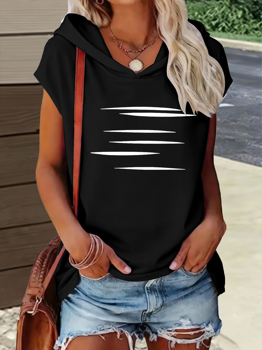 1pc Hooded Top Easy Line Design Casual All-Match Style Summer New Y2K Style Women'S Casual Athletic Wear Elegant Fashion Comfortable T-Shirt Top - Black