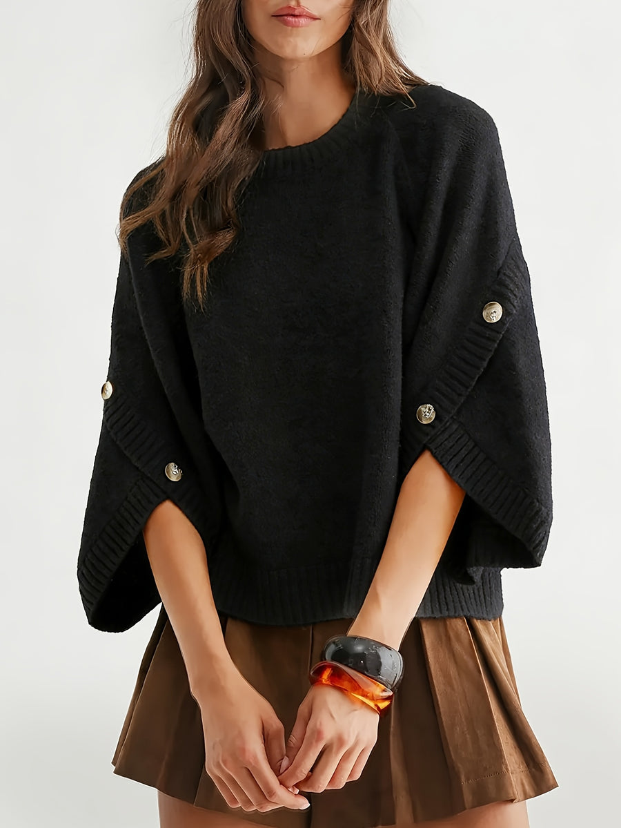 Women'S Round Neck Batwing Sleeve Pullover Sweater, Autumn Casual Regular Soft Solid Short Length 3/4 Sleeve Top, Side Slit Button Detail Daily Commute Base Layer (Prefer Loose Fit, Recommended Size Up) - Black