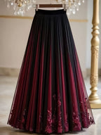 Spring and Autumn Women's Elegant Printed Midi A-Line Chiffon Skirt, Vacation Wear, Party Banquet Wear, Birthday Wear, Wedding Guest Wear, Easter Wear, Carnival Wear, Christmas Wear, Valentine's Day Wear, Holiday Wear, Suitable for Street Outings - Black