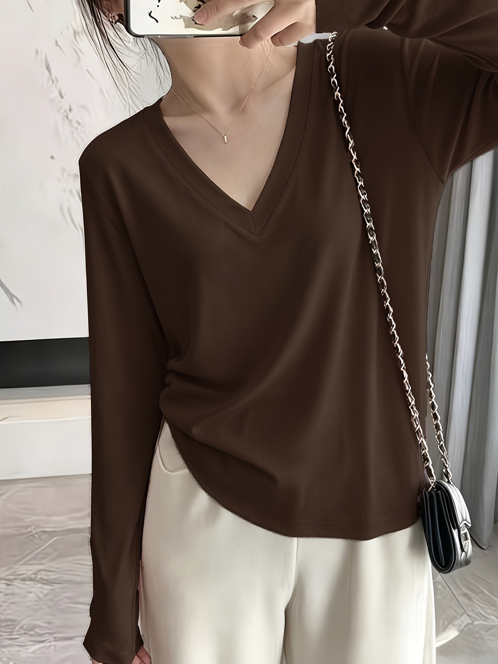 Loose Fit Drop Shoulder Sleeves Relaxed Style Women's Long Sleeve T-Shirt Polyester Women's Autumn Top Thin V-Neck Pullover Solid Color Basic Style Women's Casual Base Layer Spring/Autumn Women's Clothing Machine Washable, Not Dry Cleanable Autumn - Coffee Color