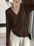 Loose Fit Drop Shoulder Sleeves Relaxed Style Women's Long Sleeve T-Shirt Polyester Women's Autumn Top Thin V-Neck Pullover Solid Color Basic Style Women's Casual Base Layer Spring/Autumn Women's Clothing Machine Washable, Not Dry Cleanable Autumn - Coffee Color