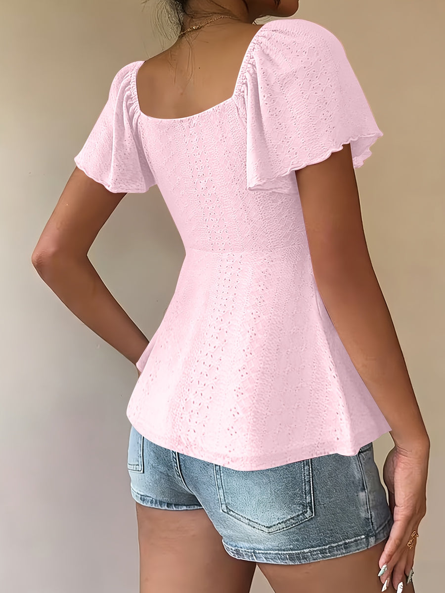 Fashionable and Elegant Spring/Summer New Arrival Y2K Solid Color Jacquard Comfortable and Breathable V-Neck Drawstring Short Sleeve Top Women's T-Shirt - Pink