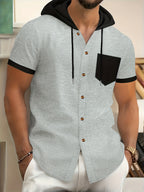 New Summer Shirt with Hooded Men'S Wear, Casual, Loose, Fashionable, Athletic, Home Workout, Camping, Fitness, Beach Shirt, Solid Color, Trendy, Youthful Fashion, Premium, Short Sleeve, Summer Premium Men'S Shirt - Grey