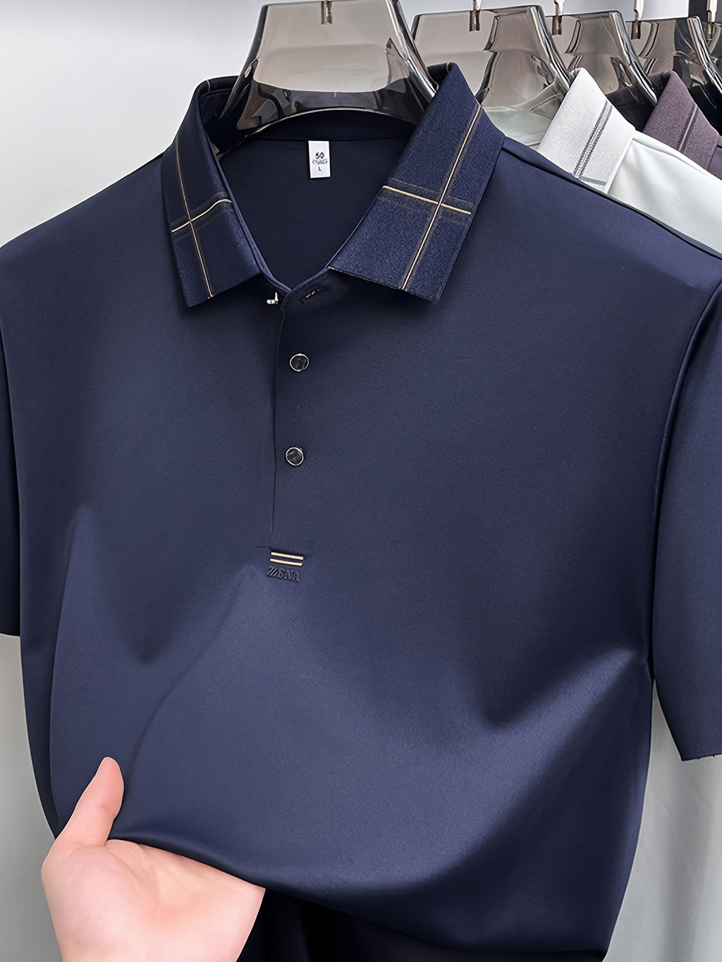 Men's Summer Polo Shirt with Plaid Contrast Collar, Seamless Construction for a Restrictive-Free Feel, a Comfortable Choice for Summer Commuting, Outdoor Activities, and Business Meetings - SINBOS - Dark Blue