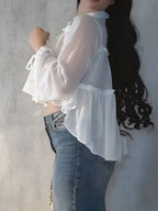 Elegant Special French-Style Gentle Tone Solid Color Lapel Tie Ruffle Short Chiffon Blouse for Women, Spring/Summer Outfit, Suitable for Daily Outings, Commuting, Dating, and Other Occasions ZLLZ - White