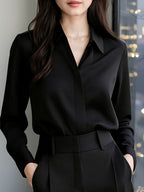 Fashion Casual Solid Color Commuter Shirt for Women, Classic Black Long Sleeve Shirt Top, Machine Washable, Anti-Peek Hidden Button Placket, Versatile Shirt Top - Black