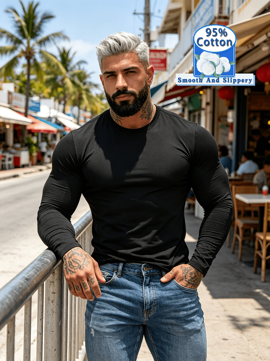 New Spring/Summer Men's Top, Fashionable Sporty Cotton Crew Neck Long Sleeve, Casual and Comfortable, Lightweight Summer Outerwear, Trendy Style - Black