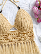 Spring Summer New Women'S Vacation Style Crochet Halter Top Solid Color Tassel Trim Hollow Out Beach Top, Bohemian Style, Date Outing, Valentine'S Day Gift, Music Festival Outfit, Mother'S Day, Beach Vacation [ASD1] - Khaki
