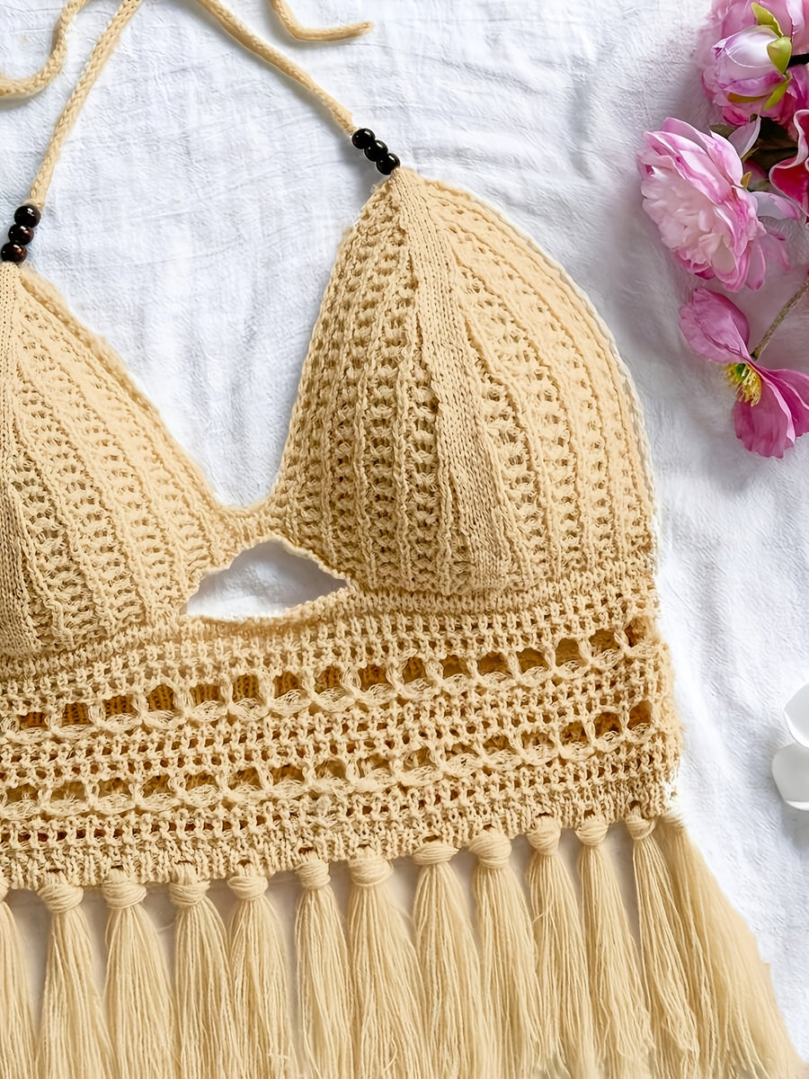 Spring Summer New Women'S Vacation Style Crochet Halter Top Solid Color Tassel Trim Hollow Out Beach Top, Bohemian Style, Date Outing, Valentine'S Day Gift, Music Festival Outfit, Mother'S Day, Beach Vacation [ASD1] - Khaki