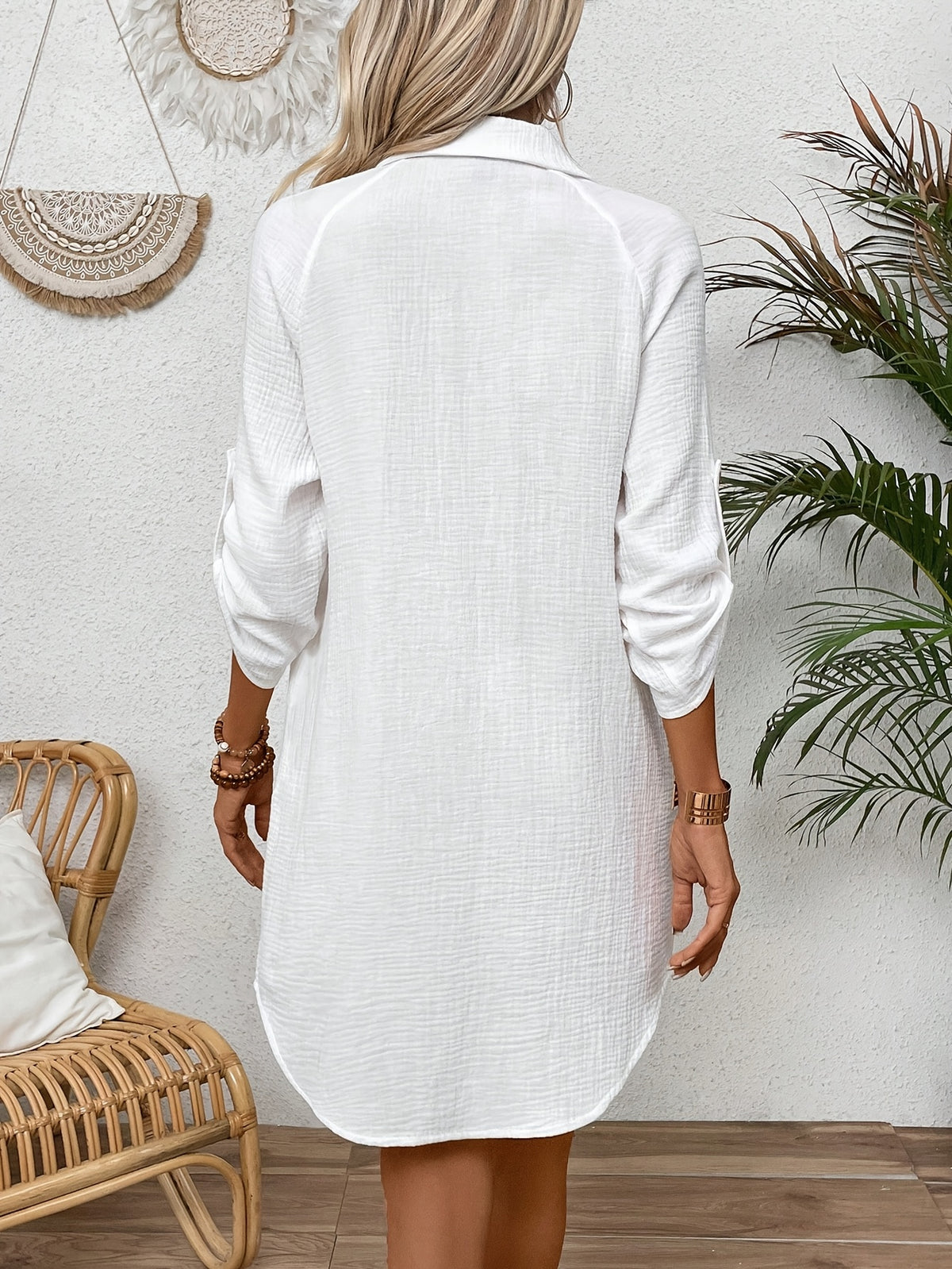 Pure Women's Clothing / Women's Apparel / Women's Dress / Women's Midi-length Dress / Solid Color Textured Button-front Dress Shirt, Long Blouse - White