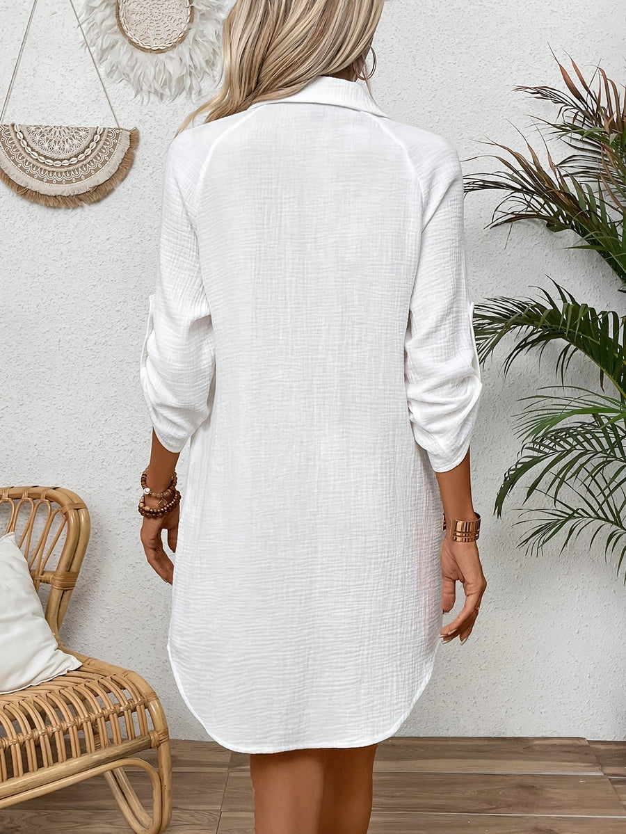 Pure Women's Clothing / Women's Apparel / Women's Dress / Women's Midi-length Dress / Solid Color Textured Button-front Dress Shirt, Long Blouse - White