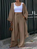 Women'S Loose Long Coat And Versatile Wide-Leg Pants Casual 2pcs Set - Khaki