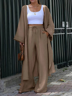 Women'S Loose Long Coat And Versatile Wide-Leg Pants Casual 2pcs Set - Khaki