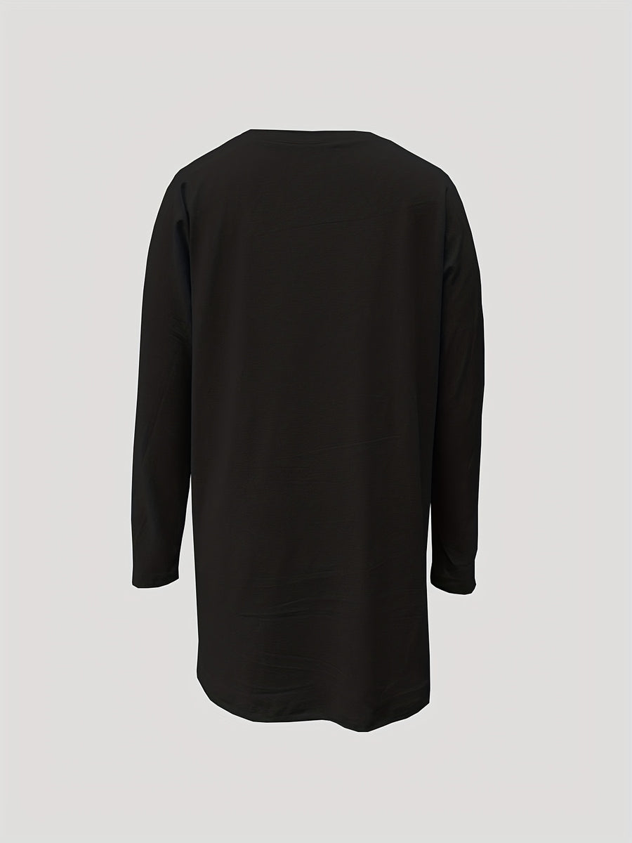 Spring/Autumn Casual Long Sleeve Loose Fit Oversized T-Shirt with Pocket Robe Top - Black