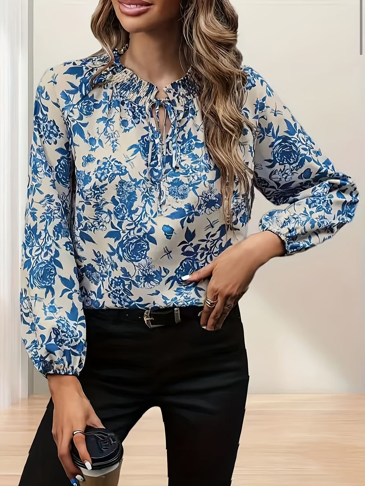 Women's 260 Long Sleeve Printed Neck Tie Shirt - Blue