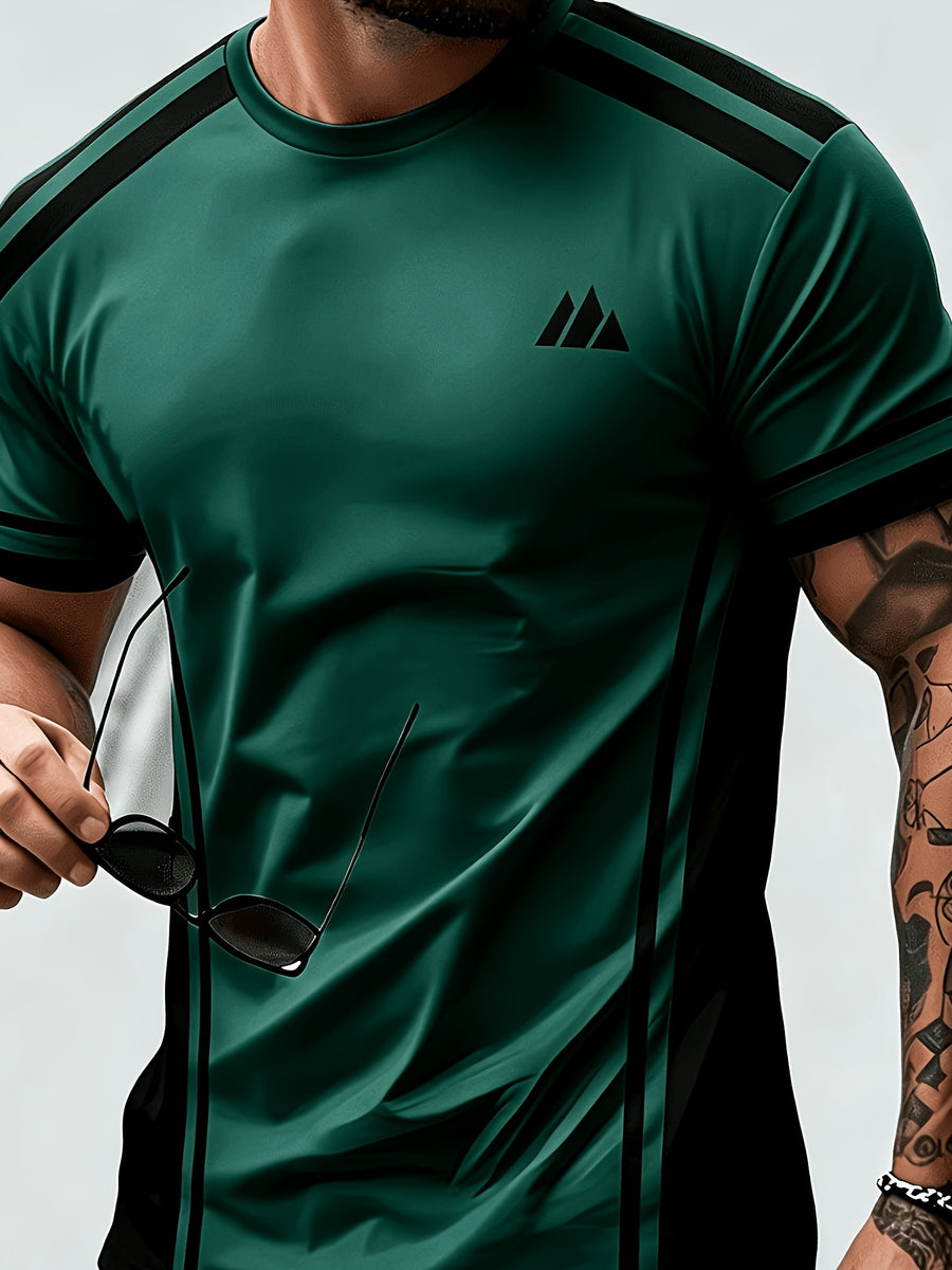 Men'S Trendy Casual Sports T-Shirt, Yellow Black Contrast Striped Mountain Peak Small Label Print Design, Fashionable Thin Breathable T-Shirt, Machine Washable Casual Short Sleeve Top - Mixed Color 10