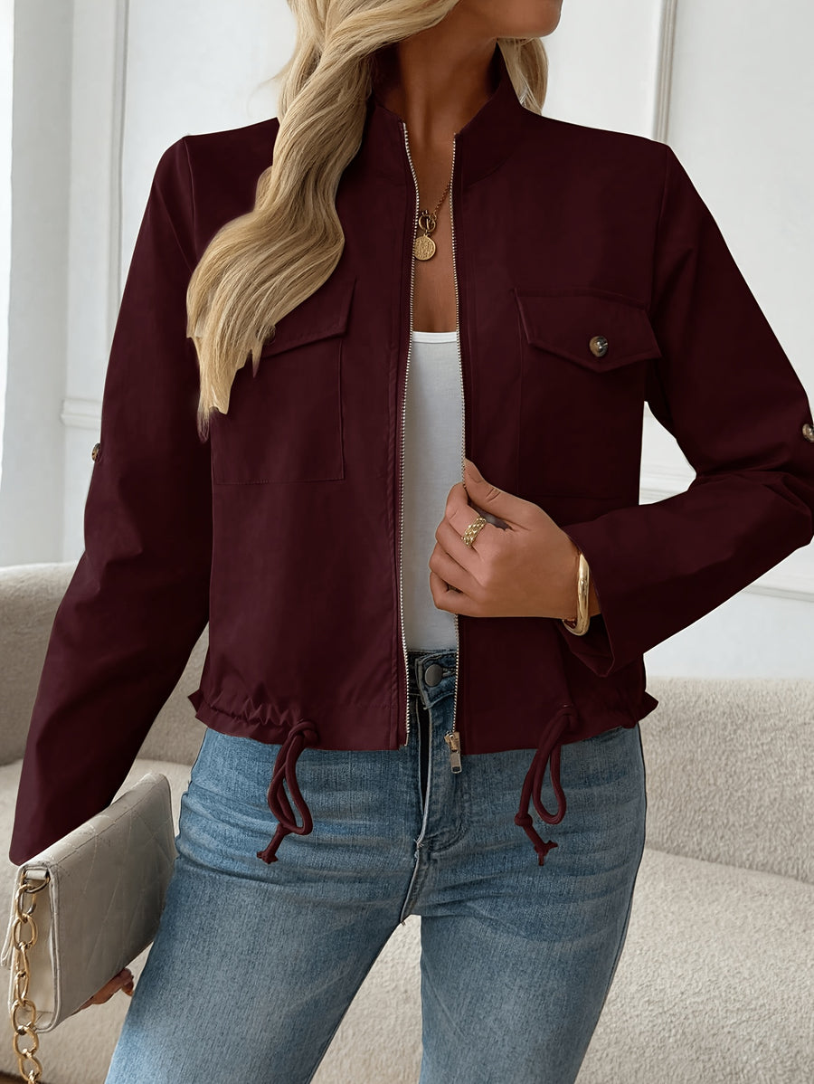 Women'S Lightweight Stand-Collar Jacket – Fashionable Zippered Bomber with Decorative Front Pockets And Adjustable Drawstring Hem, Ideal Casual Street Style Outerwear for Spring And Autumn - Burgundy