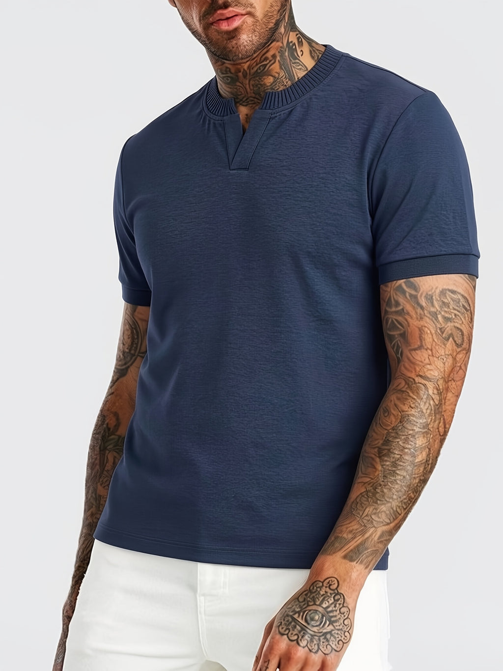 [Pearson OBM] Summer Cool Short Open V-Neck Men'S Henley Shirt, Stretchy Comfortable Solid Base Layer, Breathable And Flat Fit, Practical Men'S Birthday Gift Holiday Item, All-Scene Wear for Fitness, Hiking, Home, And Vacation - Navy Color