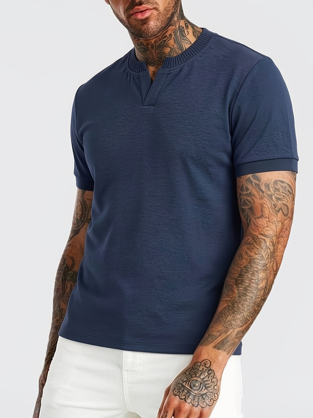 [Pearson OBM] Summer Cool Short Open V-Neck Men'S Henley Shirt, Stretchy Comfortable Solid Base Layer, Breathable And Flat Fit, Practical Men'S Birthday Gift Holiday Item, All-Scene Wear for Fitness, Hiking, Home, And Vacation - Navy Color