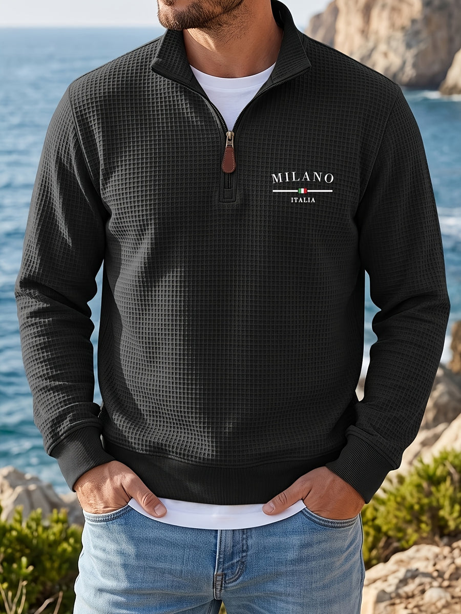 Men's Casual Half-Zip Sweatshirt, Waffle Knit Fabric, Comfortable and Breathable, Versatile for Spring and Autumn, Suitable for Outings and Vacations, an Essential for Daily Wear - Black