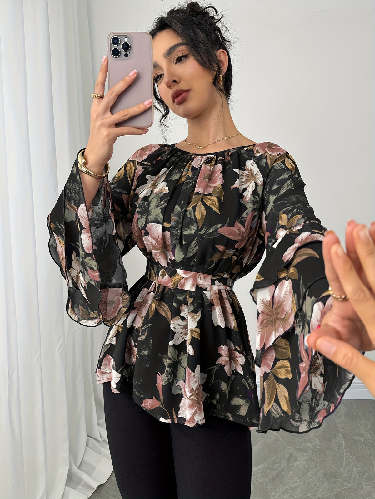 Women'S Summer Elegant Top, Chiffon Floral Print Layered Ruffle Sleeve, Waist Tie Festival Outfit, Holiday Vacation Wear Shirt - Mixed colors
