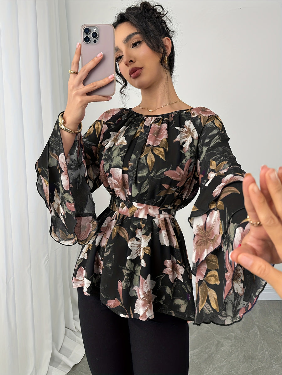 Women'S Summer Elegant Top, Chiffon Floral Print Layered Ruffle Sleeve, Waist Tie Festival Outfit, Holiday Vacation Wear Shirt - Mixed colors