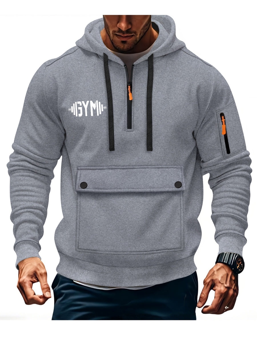 American-style Casual Men's Pullover Hoodie with Half-zipper Neckline, Utility-style Multi-pocket Design, "GYM" Fitness Letter Print, Simple, Stylish, and Versatile Long-sleeve Sweatshirt - Light Grey
