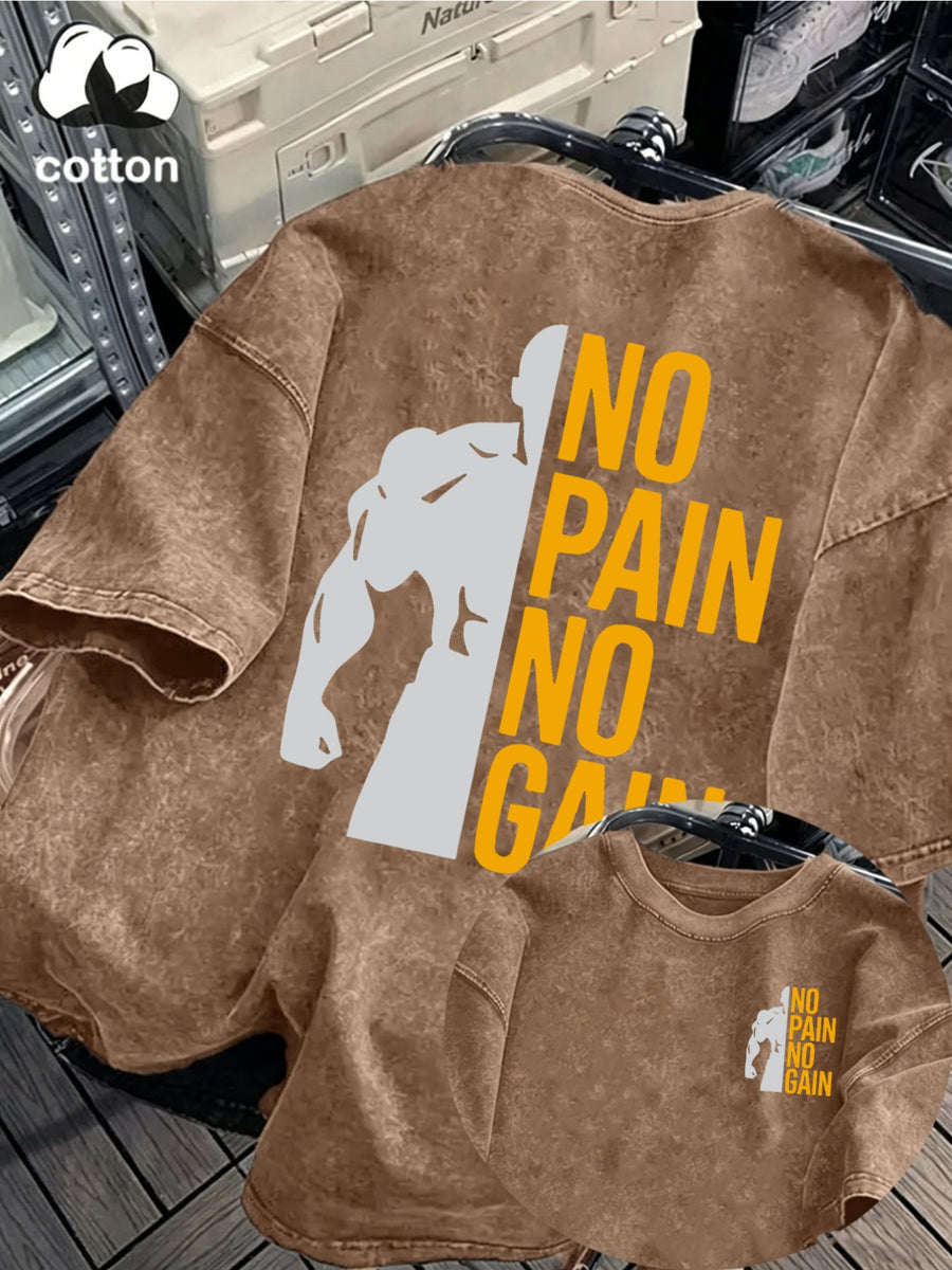 Washed Cotton Men's Short-Sleeve T-Shirt with "No Pain, No Gain" Graphic Design, Summer Versatile Pure Cotton Fashionable Casual Breathable Unisex Top, Suitable for Daily Outings, Leisure, and Sports - Coffee Color