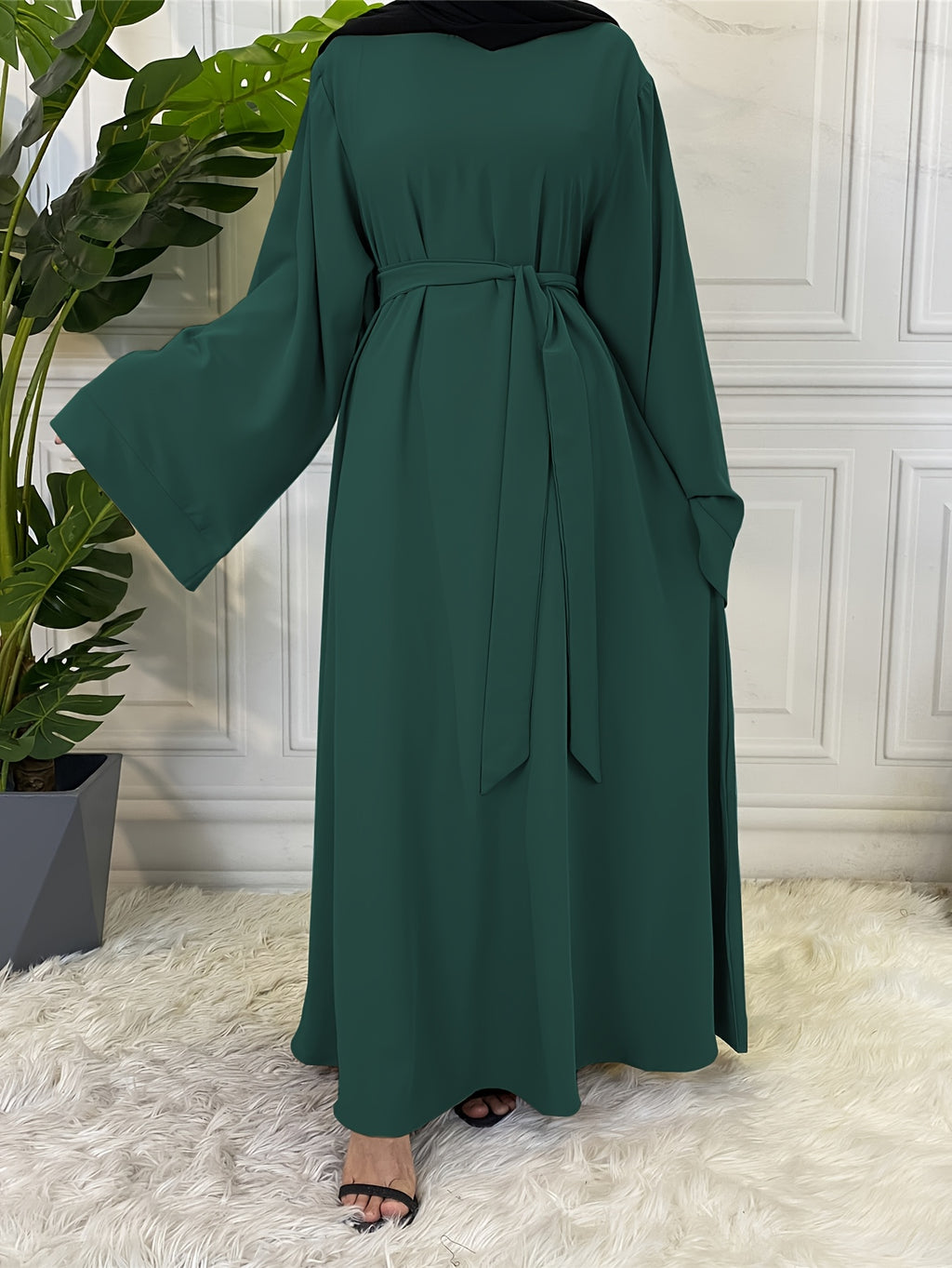1pc Fashionable, Elegant, Comfortable, and Casual Wide-sleeved Abaya with Belt. Solid Color Suitable for Daily Wear. Loose and Comfortable Women's Abaya Dress. Ferace Tesettür Clothing, Women's Abayas for Muslim Women, Islamic Wear for Women - Dark Green