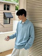 Autumn Winter Men'S Knit Sweater New Retro Casual Cable Texture Lapel Polo Sweater, Long Sleeve V-Neck Loose Lazy Daily Commute Pullover Top, Suitable for Outdoor Travel Easy Light Mature Style Wear - Peacock Blue
