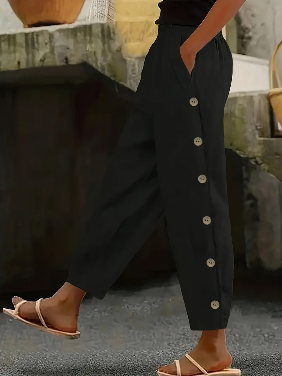 Solid Color Multi-Button Fashion Casual Ankle Pants - Casual Pants 0427 - Black