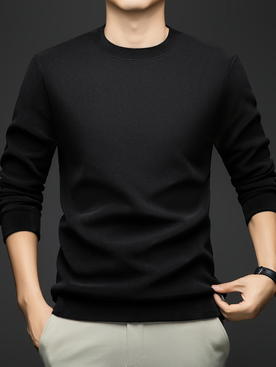 Autumn/Winter Men's -Lined Thickened Warm Base Layer Shirt, Crew Neck Long Sleeve T-Shirt, Solid Color Stretchy Inner Layer Casual Sweatshirt Top - Black