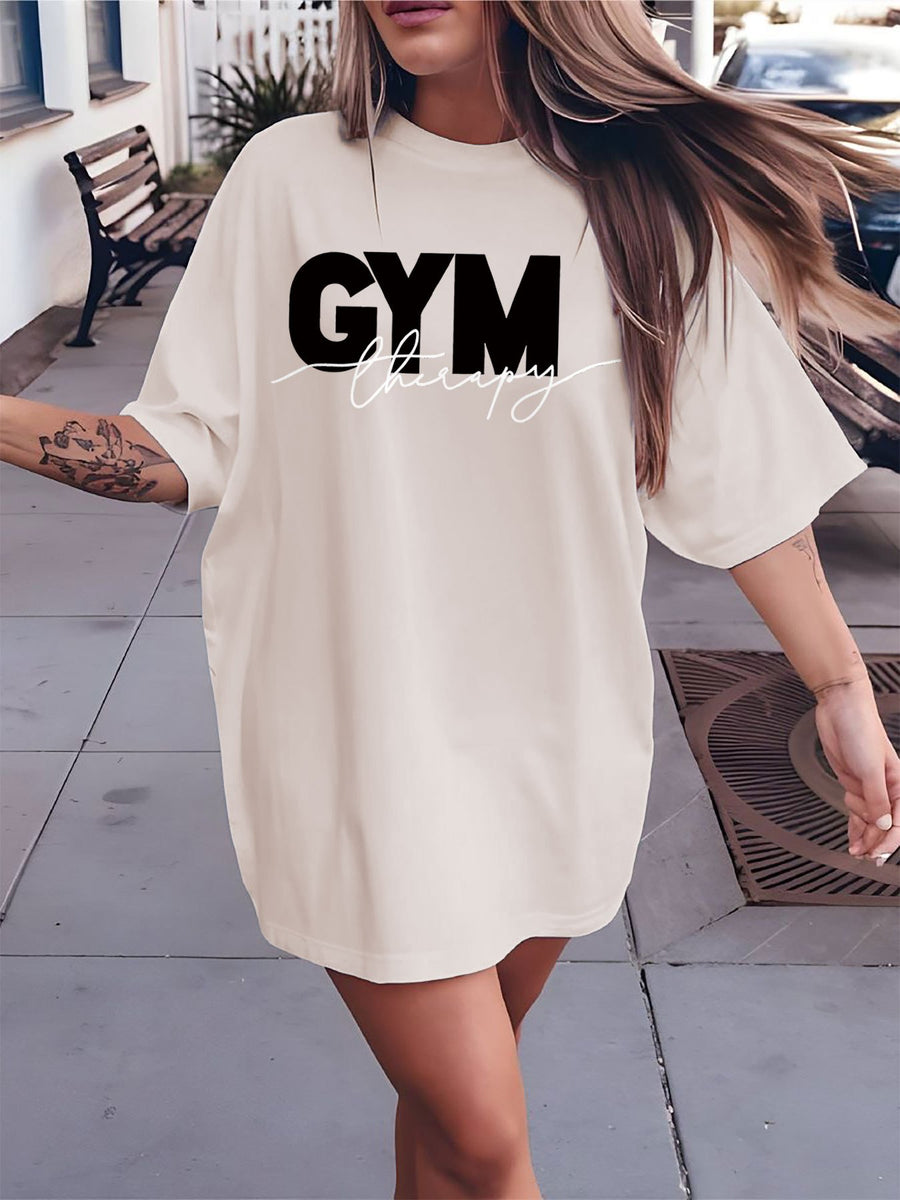 letter print drop shoulder t-shirt, short sleeve crew neck casual top for spring & summer, Women's clothing - Cream