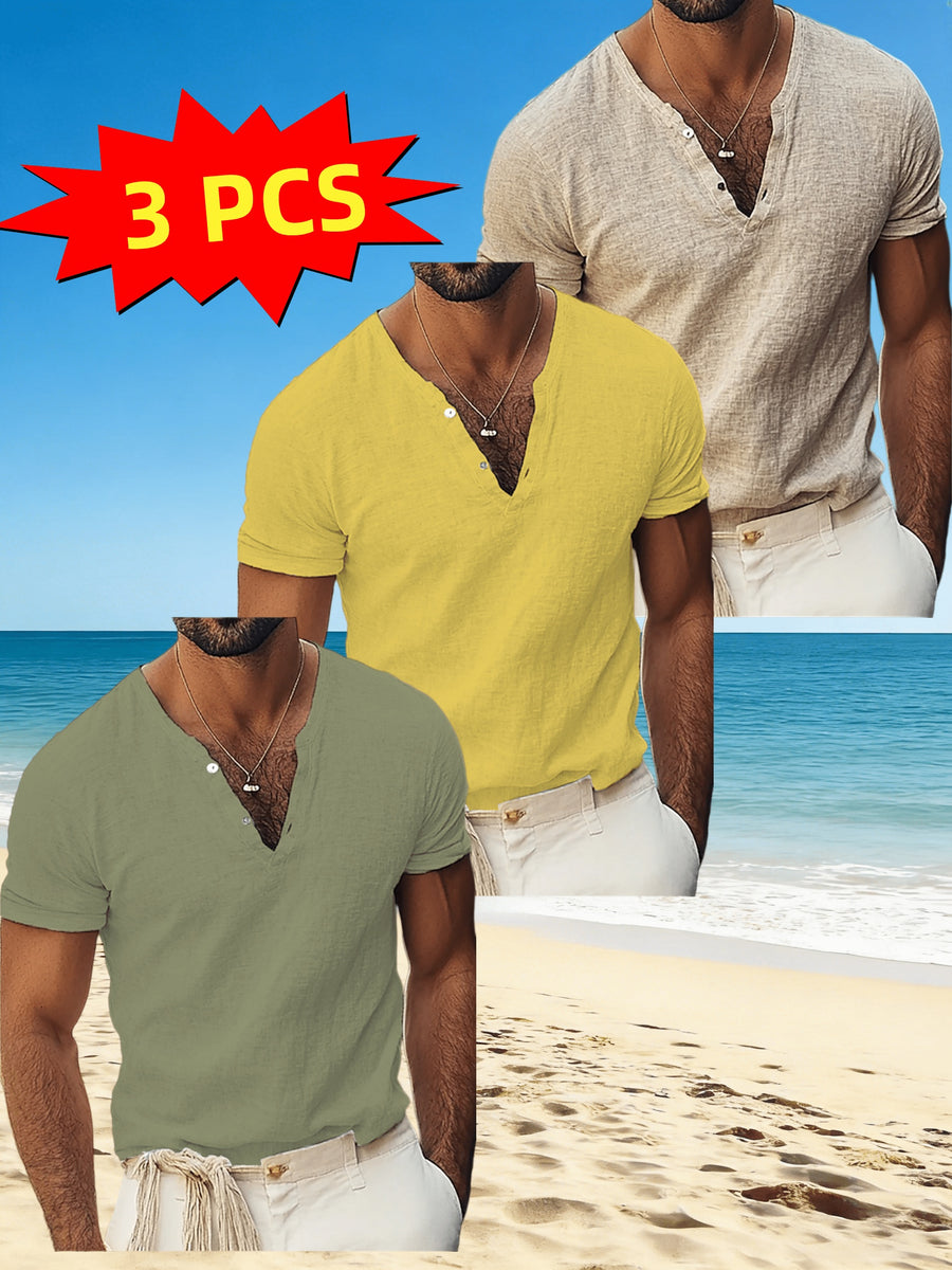 Men'S 3pcs Set of Henley Short-Sleeve Shirts, Breathable Comfortable Casual V-Neck Tops, Suitable for Summer And Daily Wear - Khaki+yellow+green