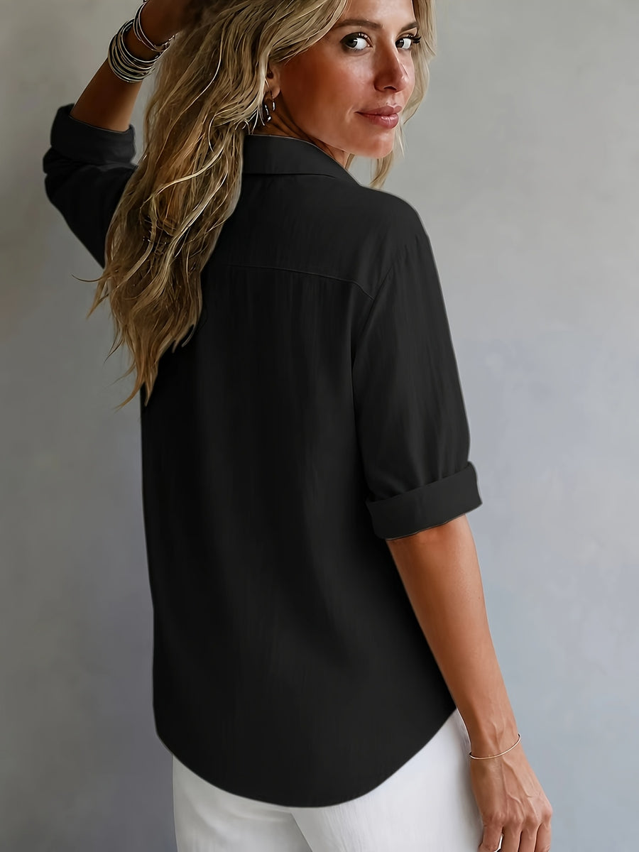 Multi-Color Available Taxi Direction New Stunning Elegant Style Solid Color POIO Collar Long Sleeve Spring Autumn All-Season Versatile Shirt - Black