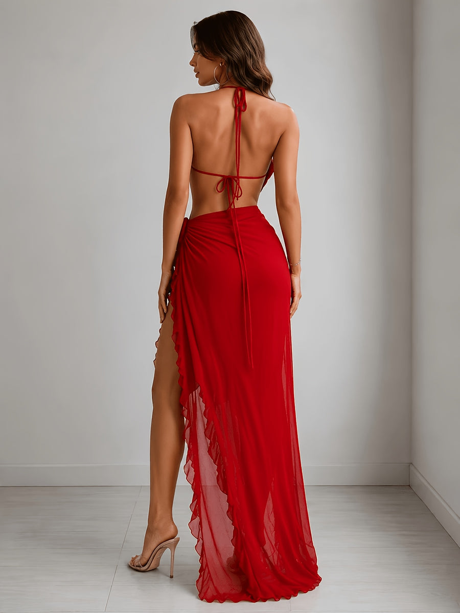 Sexy Plunging V-Neck Backless Long Dress, Elegant Floral Ruffle Split Prom Gown, Hot Exotic Boudoir Loungewear for Women - Red