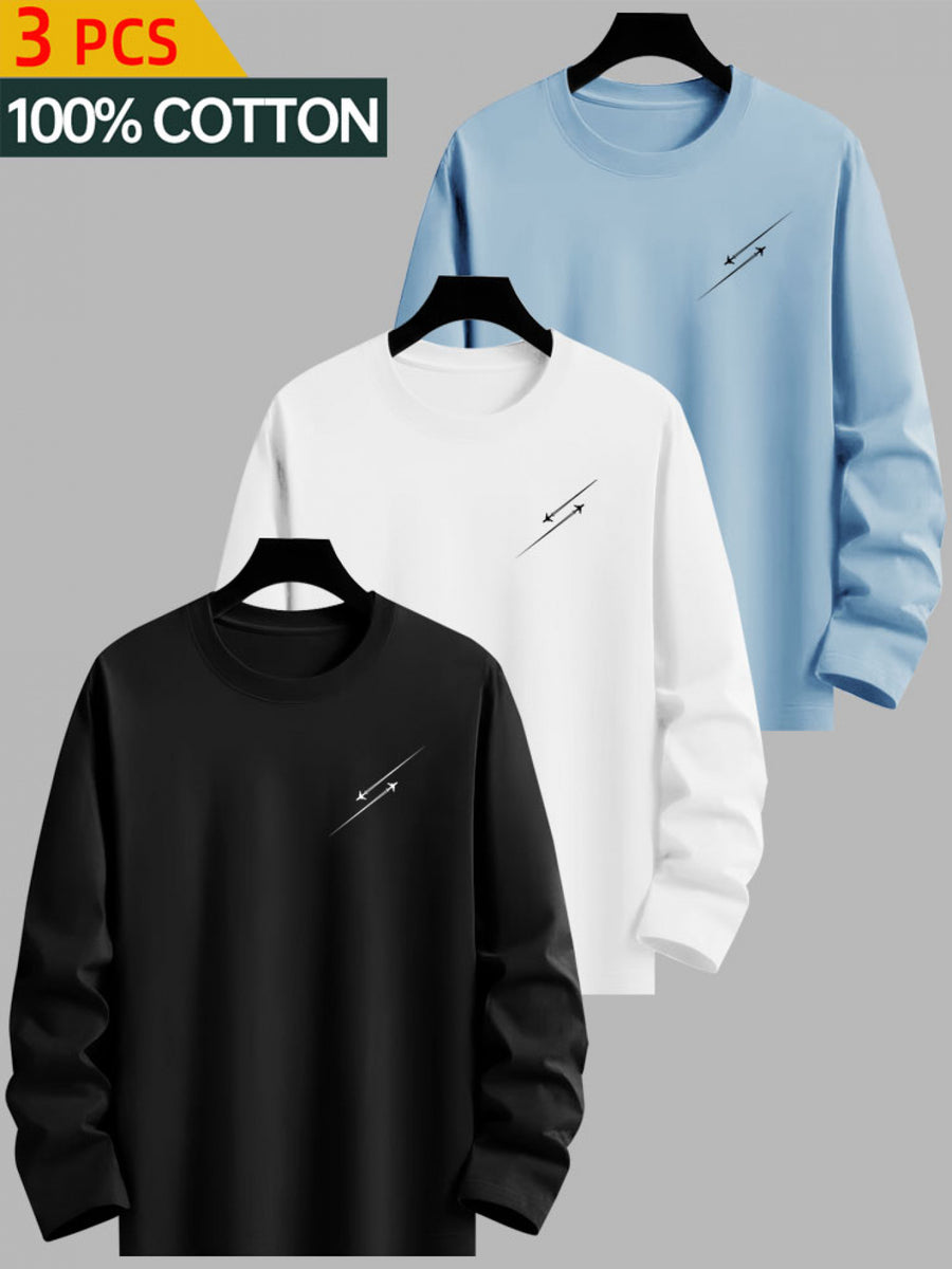 3pcs - 100% Cotton T-Shirts, Men's Casual Printed Round Neck Long Sleeve Tops, Suitable for Spring/Autumn Travel Modern Urban Style, Spring Fashion, Travel Clothing, Fashion Design, Printed T-Shirts, Breathable Fabric, Comfortable Fit, Daily Basic - Combination Color 1