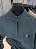 ZBZP Autumn Winter Knit 3D Solid Half-Zip Stand Collar Sweater, Basic Knit Pullover Top for Men, Fashionable Long Sleeve Sweater ZM - Dark Green