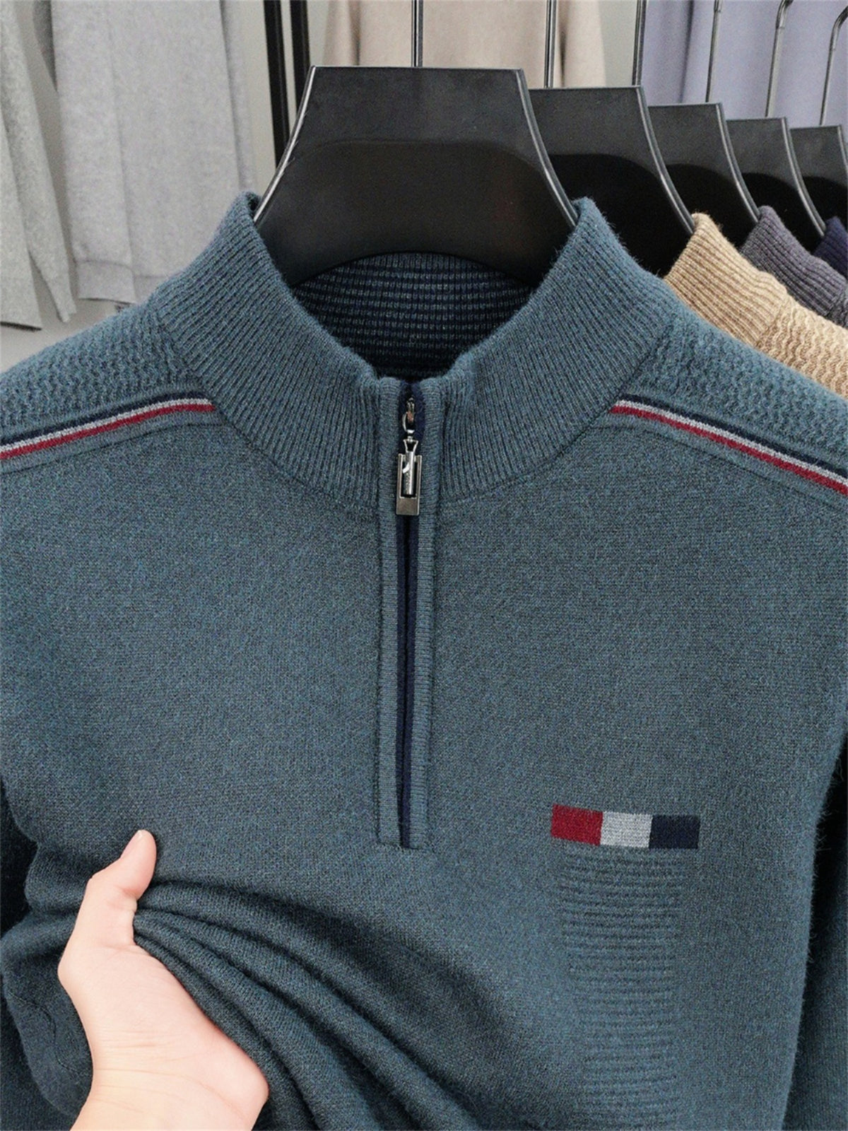 ZBZP Autumn Winter Knit 3D Solid Half-Zip Stand Collar Sweater, Basic Knit Pullover Top for Men, Fashionable Long Sleeve Sweater ZM - Dark Green