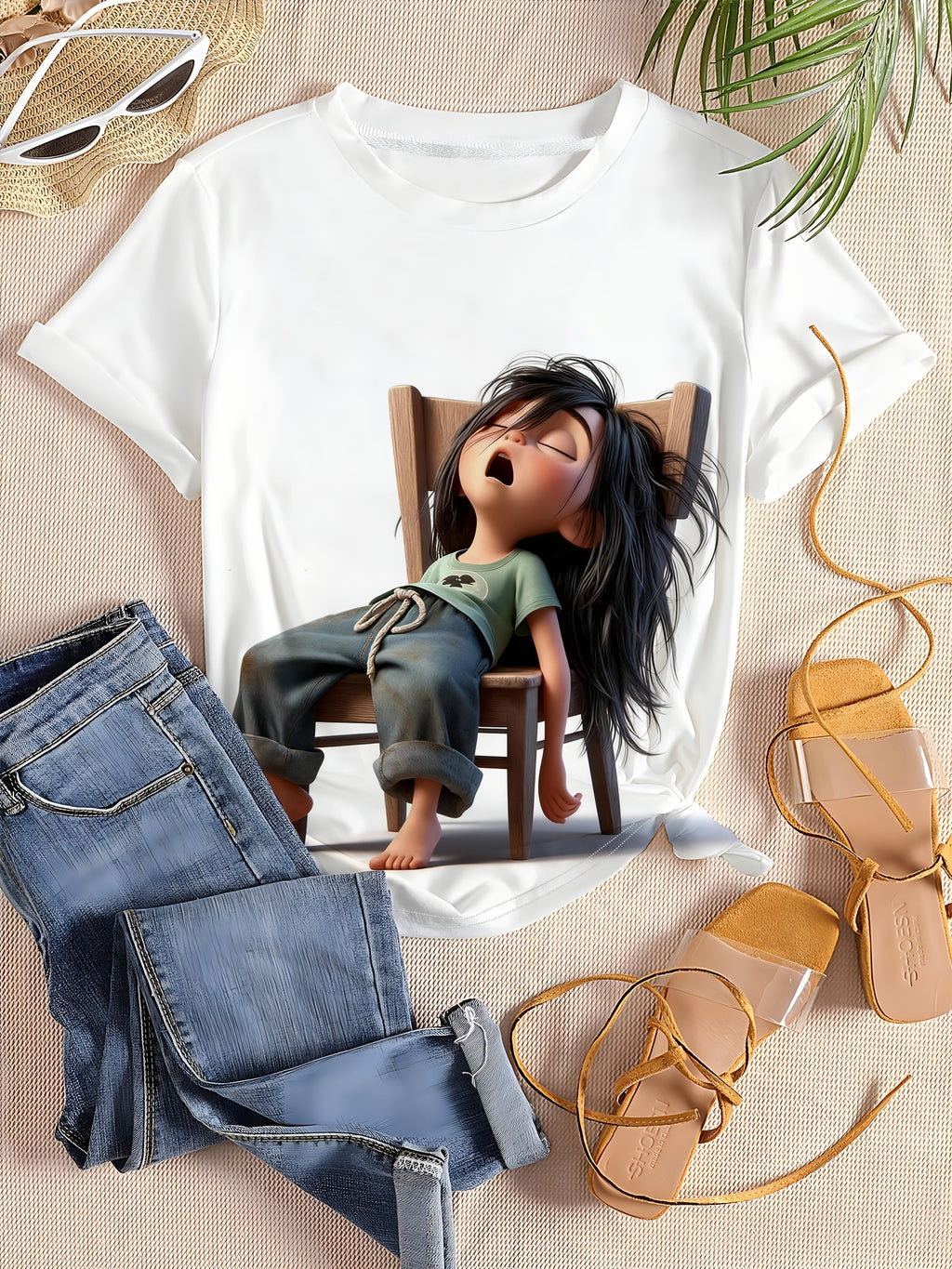 Standard Size Women's T-Shirt, Featuring a "Sleeping " Print in a Laid-back Style That Exudes a Relaxed and Vibe. Suitable for Daily Outings and Casual Wear, This Loose-fit Design Flatters Various Body Types, with Comfortable - White