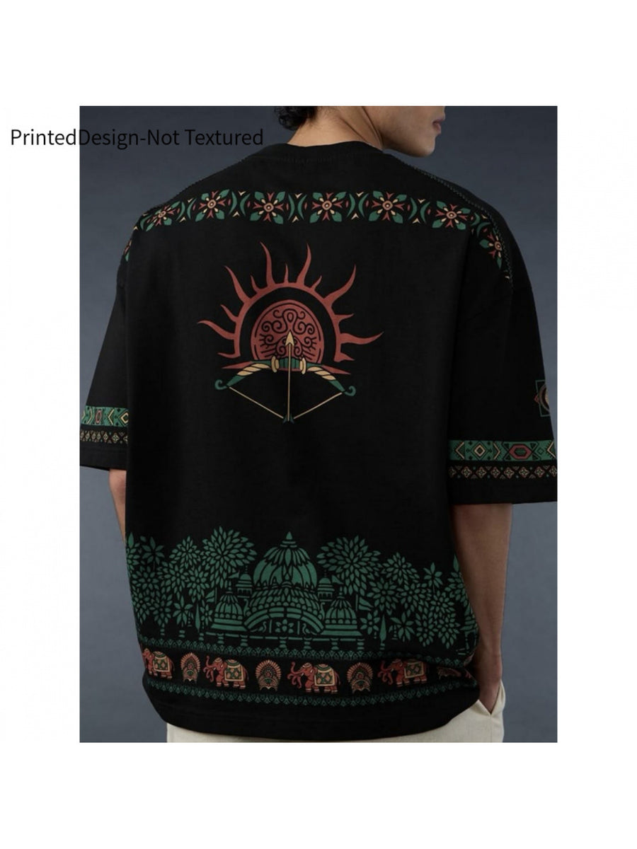 [Printed Design - Not Textured] Men's Fashion Printed Crew Neck T-Shirt, Mughal Elephant Print, Standard Size Men's T-Shirt, Vintage Exotic Style Short Sleeve, Spring/Summer Casual Commuter Versatile Top, Y2K Clothing, Fashion, Printed Design - Mixed colors