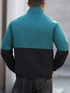 Men'S Contrast Color Stand Collar Zippered Jacket, Casual Streetwear Outerwear, Webbing Decor, Spring/Autumn Lightweight Windproof Softshell Jacket with Lining - Dark Green