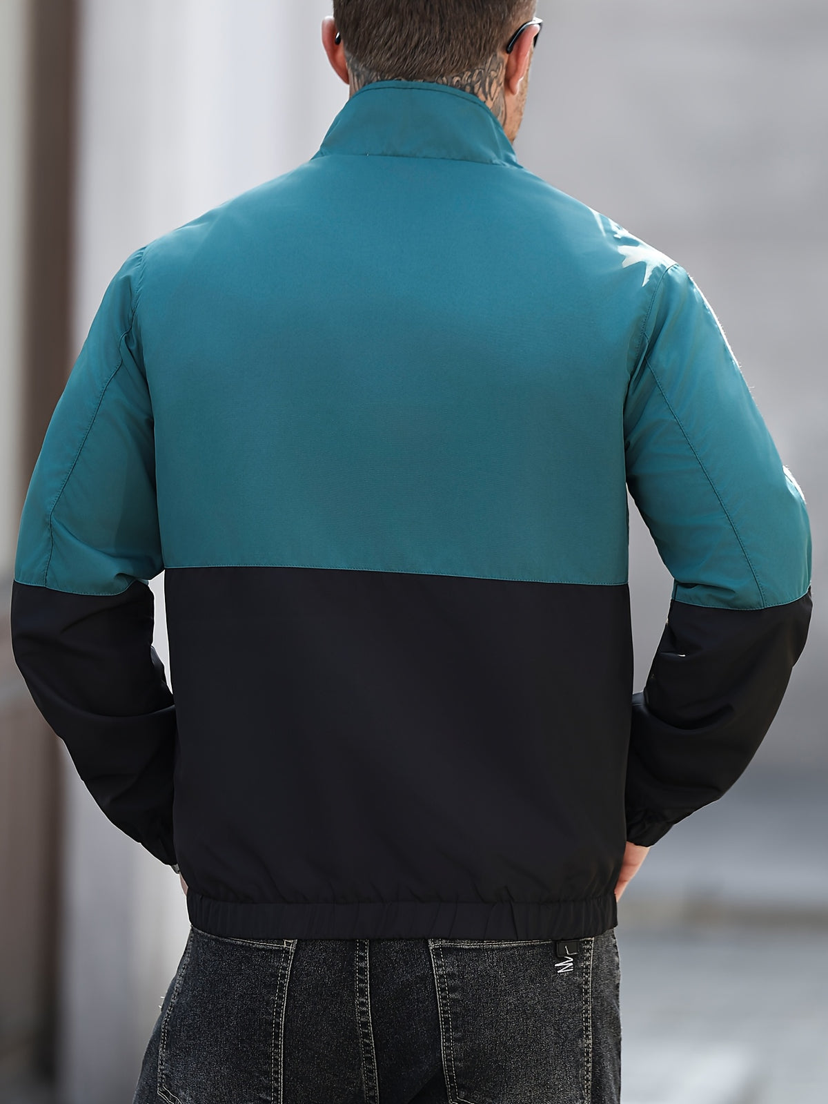 Men'S Contrast Color Stand Collar Zippered Jacket, Casual Streetwear Outerwear, Webbing Decor, Spring/Autumn Lightweight Windproof Softshell Jacket with Lining - Dark Green